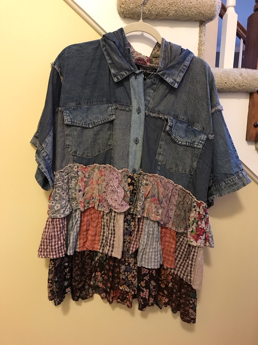 YOUNG THREADS NWT Top Denim Plaid Hoodie Button Front XLarge